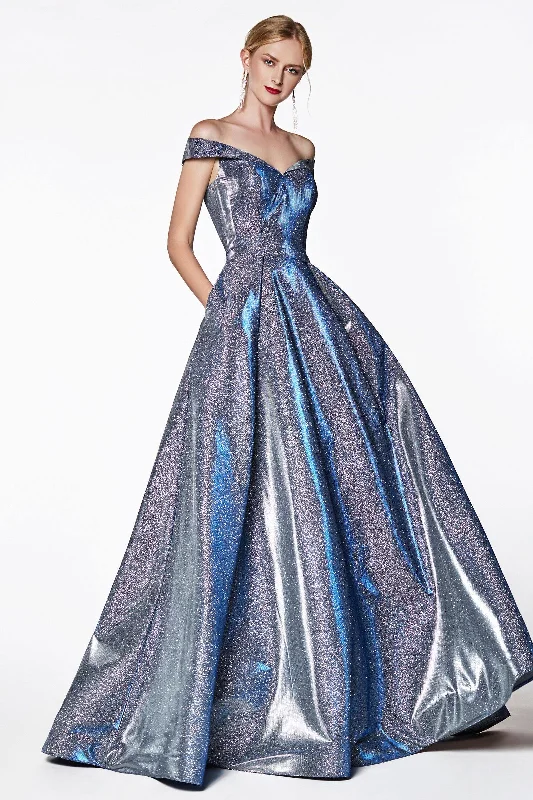 Cinderella Divine CB0036 Long Off Shoulder Prom Glitter Metallic Ball Gown