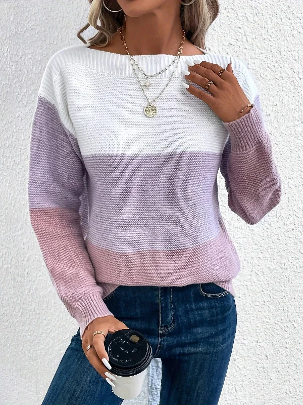 Round Neck Colorblock Long Sleeve Knitted Sweater