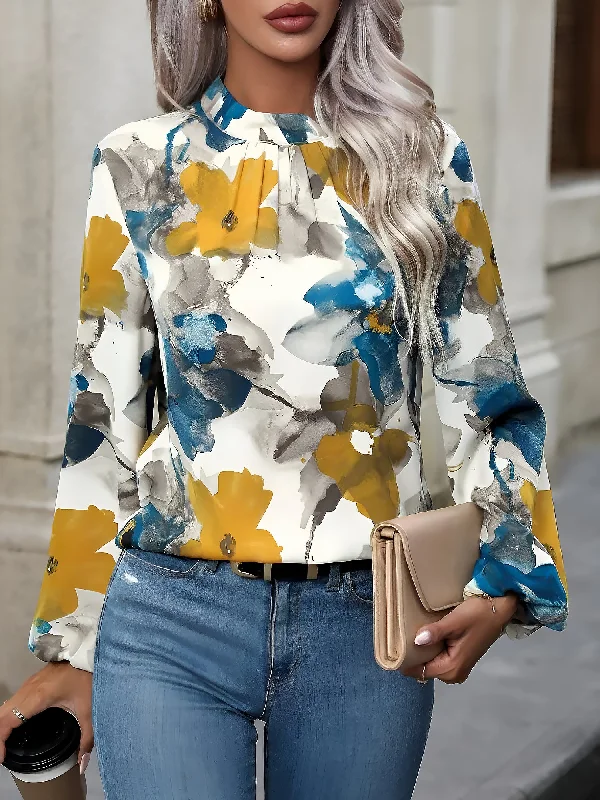 Round Neck Long Sleeves Floral Printed Blouse