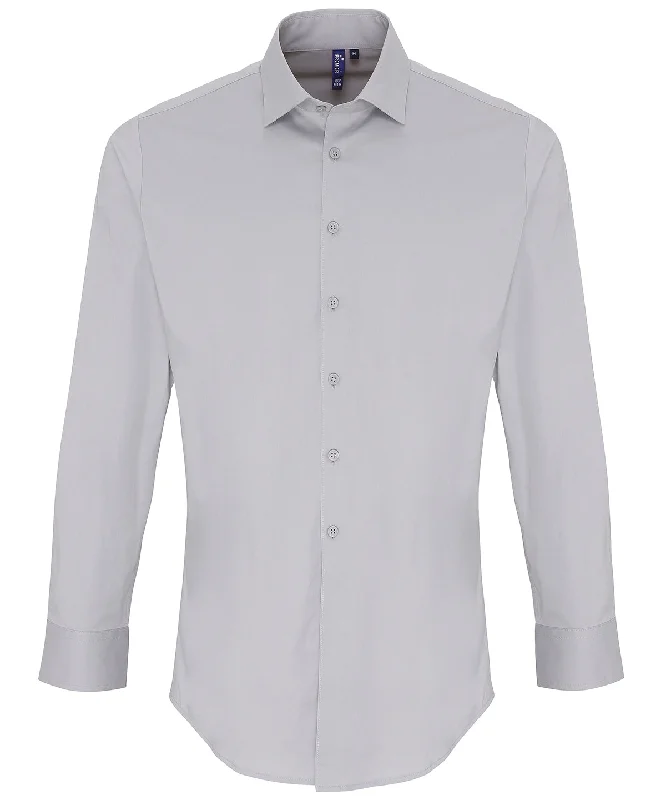 Silver - Stretch fit cotton poplin long sleeve shirt