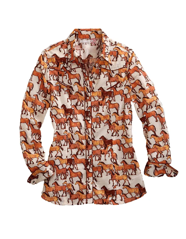 WOMENS LONG SLEEVE SNAP COURSES OF HORSES PRINT WESTERN SHIRT