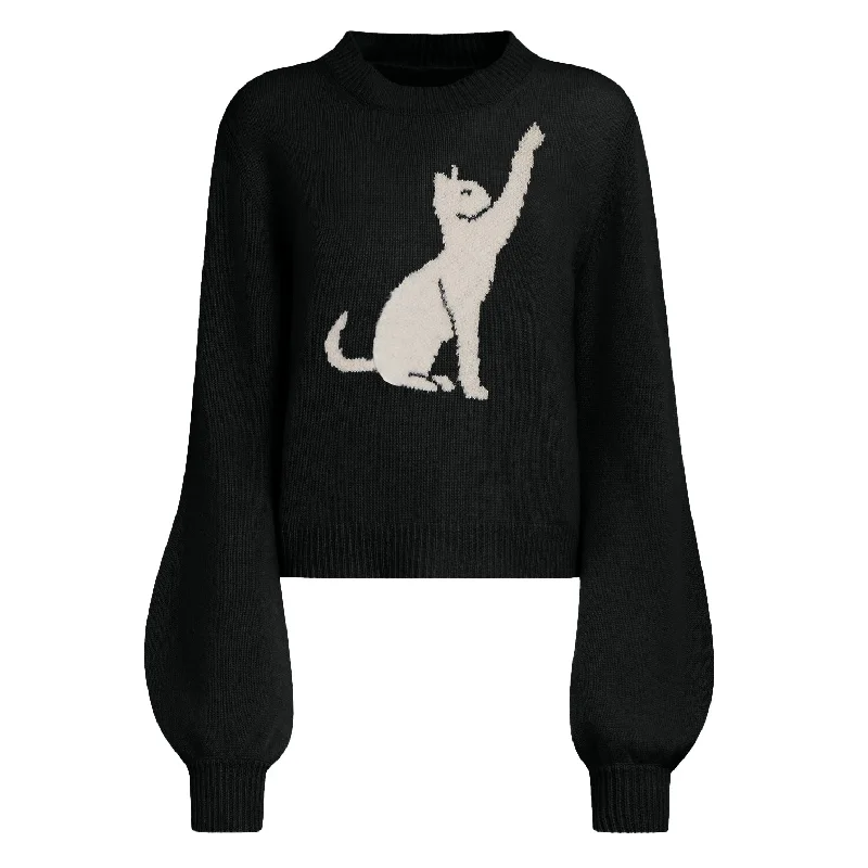 Women's black cat jacquard lantern sleeve sweater