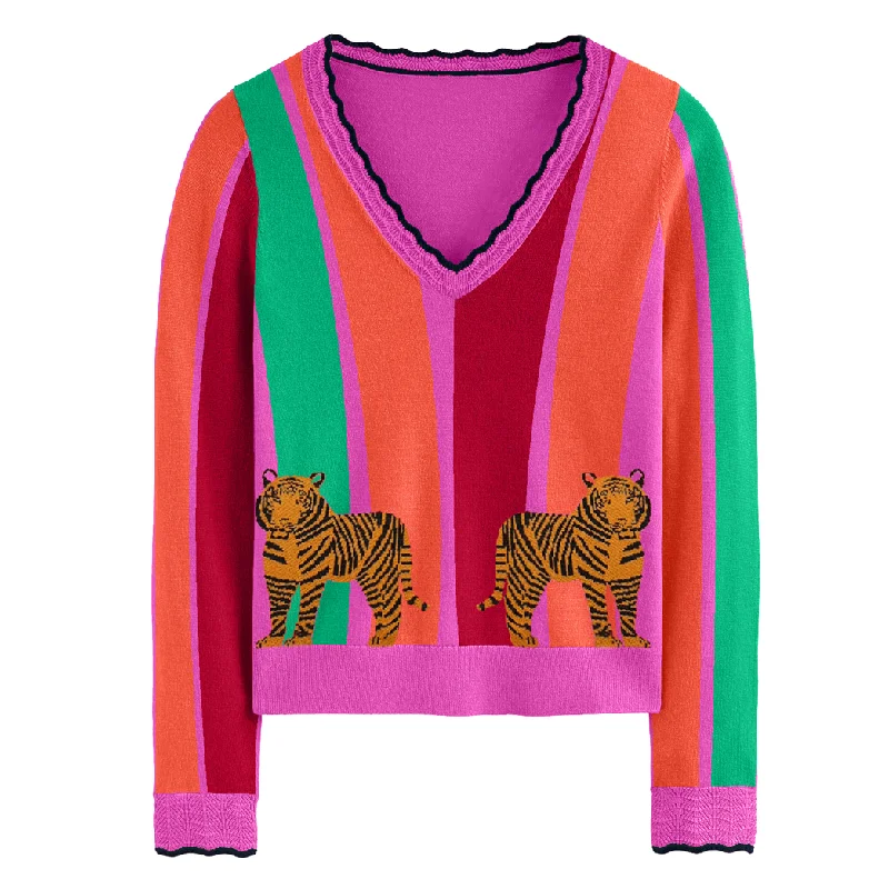 Women's multicolor striped tiger V-neck - knitwear