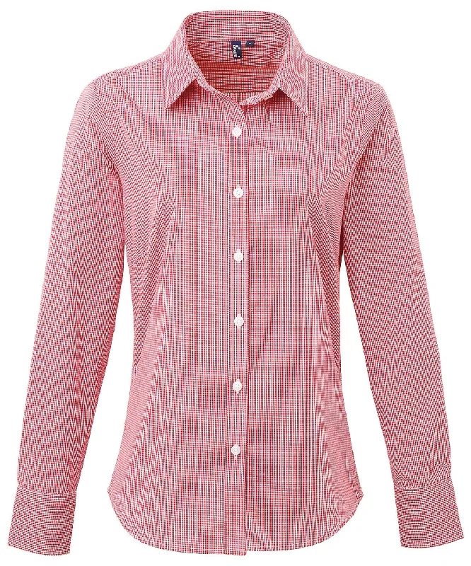 Red/White - Women's Microcheck (Gingham) long sleeve cotton shirt