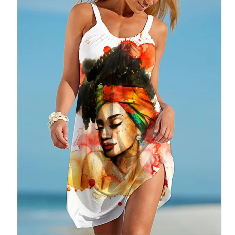 Summer Sexy Beach Dress Portrait Painting 3D Print Vintage Women Dresses Streetwear Boho Female O-Neck Sling Midi Party Dresses