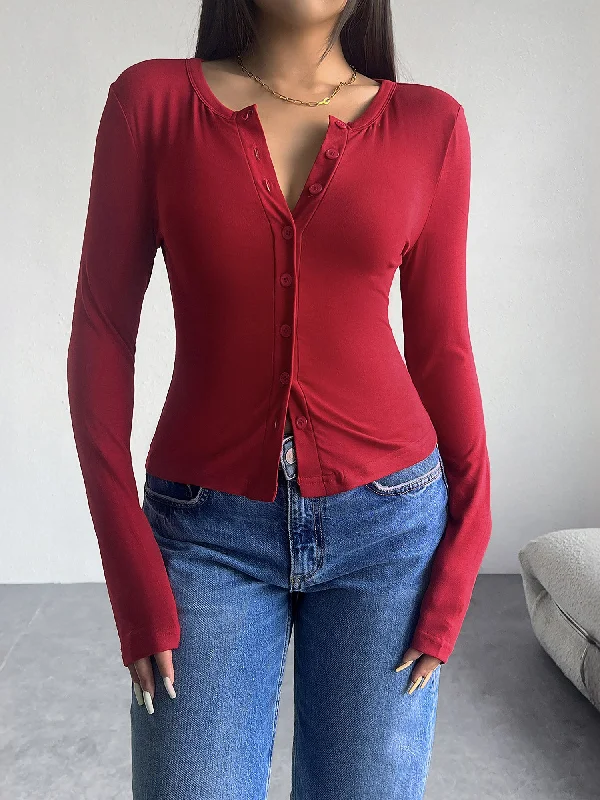 Solid Color Button Down Long Sleeve Blouse