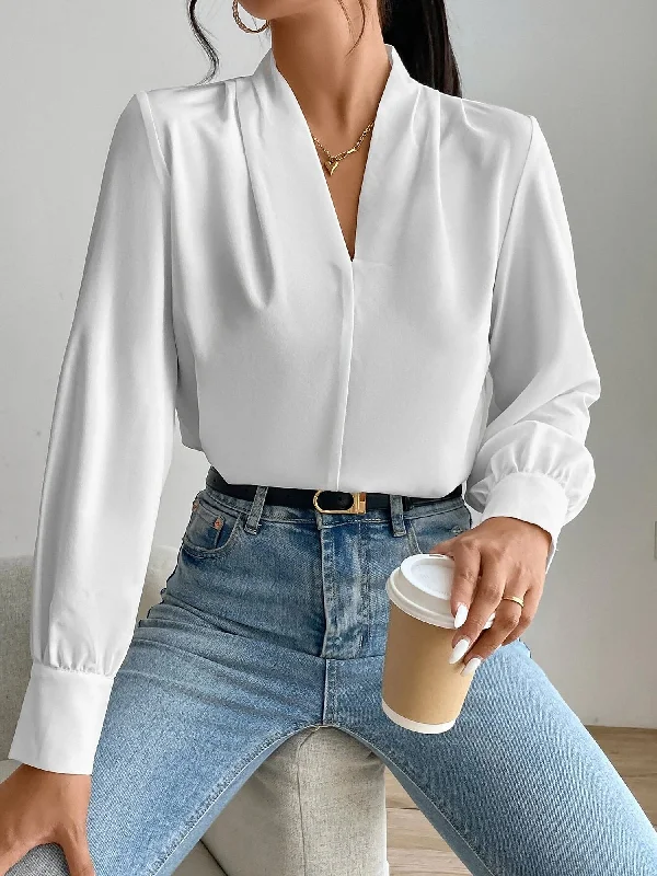 V Neck Pleated Long Sleeves Solid Color Blouse