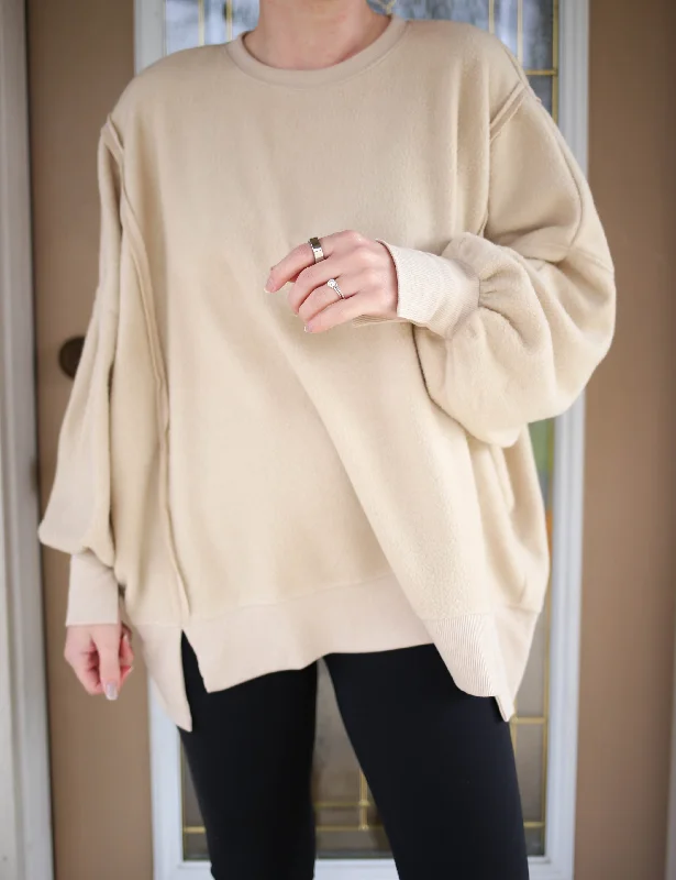 Cozy Fleece Hem Detail Cream Sweatshirt | Boutique Elise