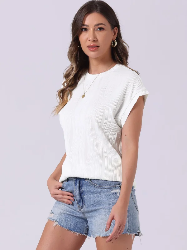 Textured Cap Sleeve Crew Neck Solid Color Blouse