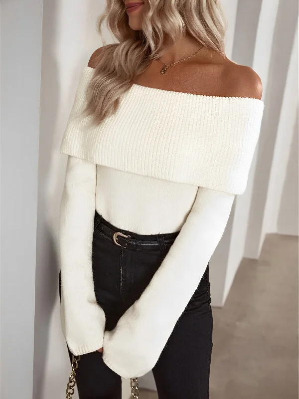 Solid Color Off Shoulder Long Sleeves Knitted Sweater