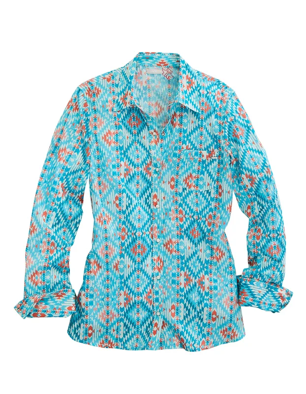 WOMENS LONG SLEEVE SNAP TURQUOISE AZTEC PRINT WESTERN SHIRT