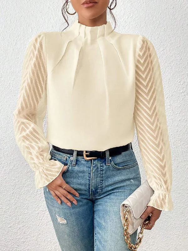 Mock Neck Sheer Long Sleeves Pleated Blouse