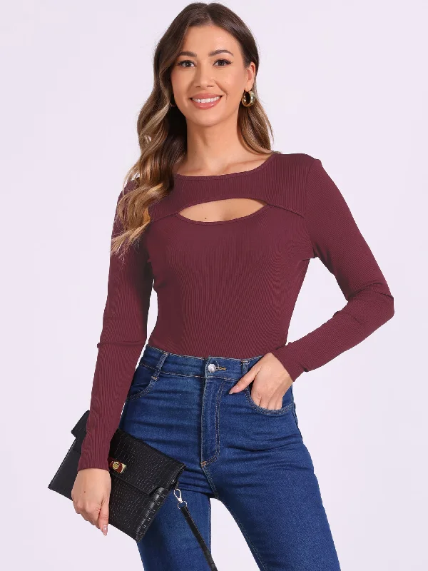 Cut-Out Front Long Sleeve Crew Neck Bodysuit