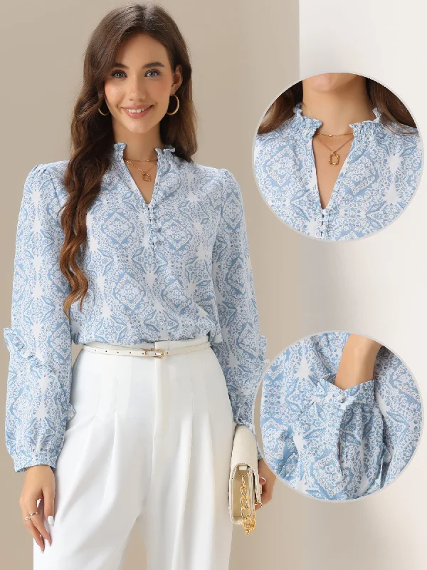 Ruffled Long Sleeve Boho Print Blouses Top