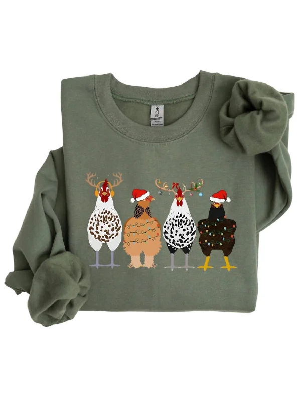 Women's Chickens In A Row, Farm Life, Sweatshirt In Military Green