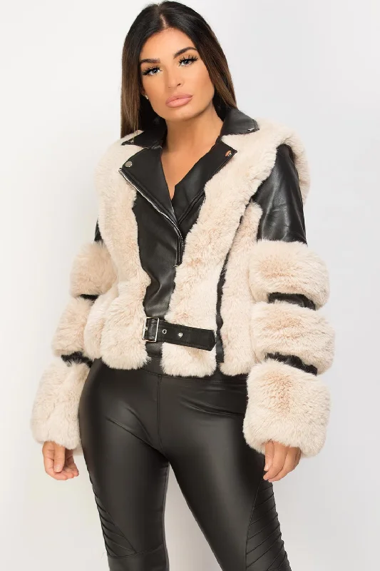 Beige Faux Fur Faux Leather Aviator Jacket Black