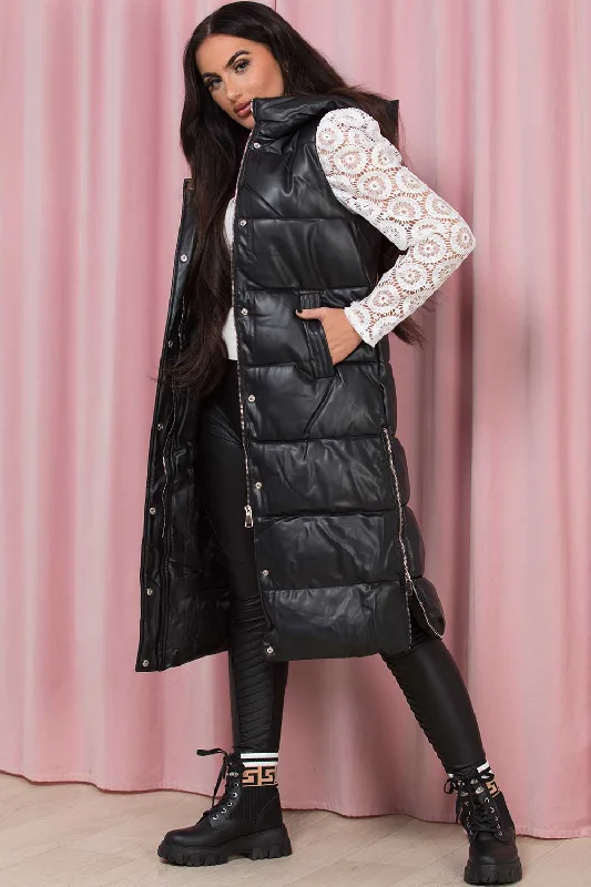 Black Long Faux Leather Puffer Gilet