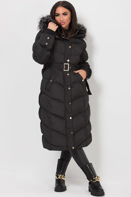 Black Long Puffer Coat With Fur Hood And Belt