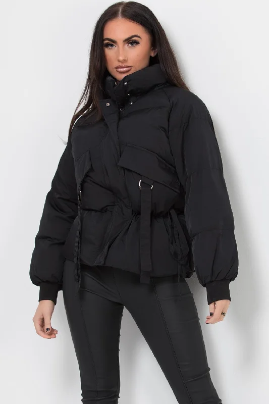 Black Puffer Jacket With Pocket Detail