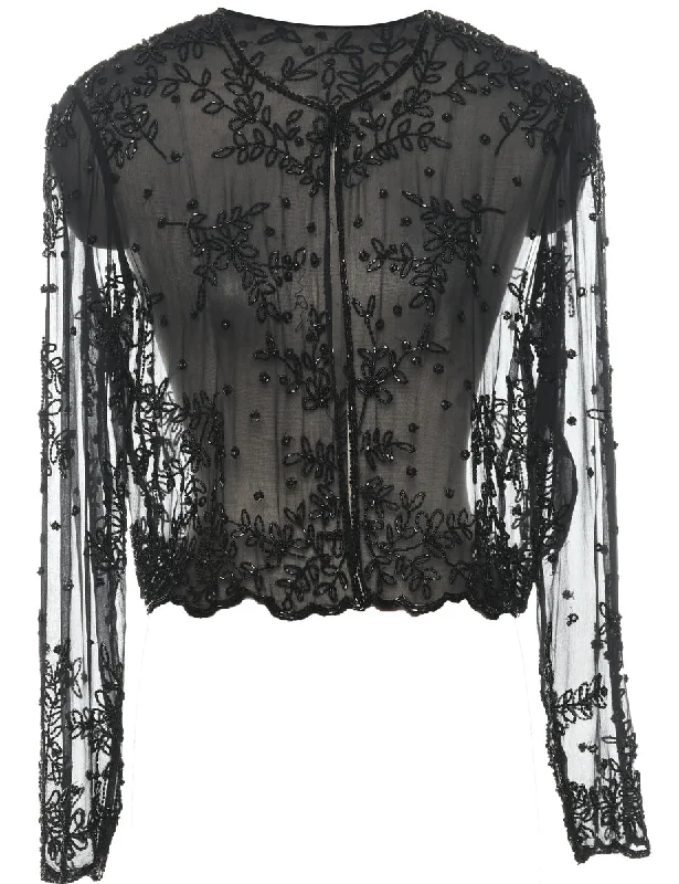 Black Sheer Beaded 1990s Evening Jacket - L