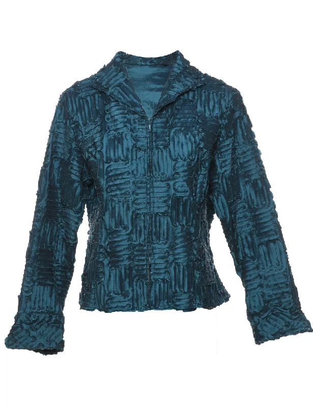 Blue Ruffled Metallic Zip-Front Evening Jacket - L