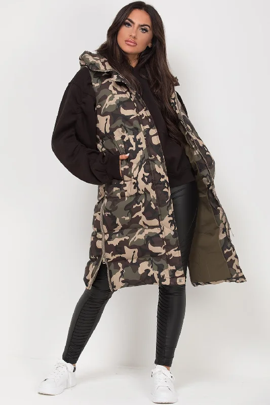 Camouflage Longline Puffer Gilet Khaki