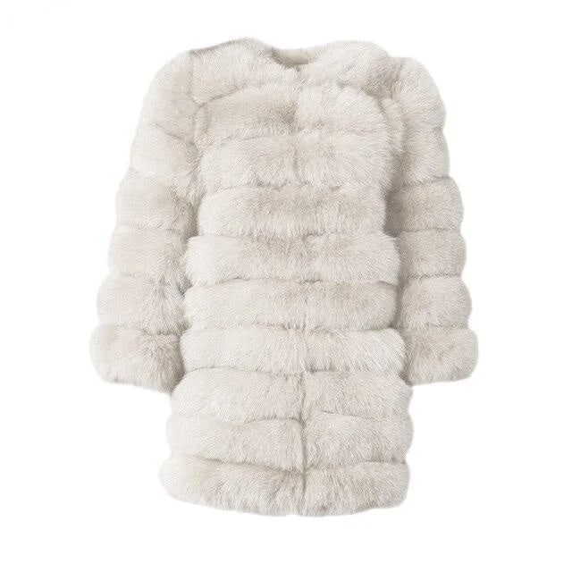 Cream Color Winter Women's Solid Thick Fur Long Detachable Coats & Jackets