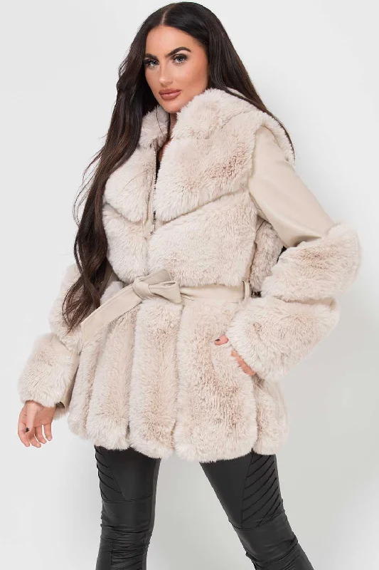 Faux Leather Faux Fur Panel Hooded Jacket With Belt Cream