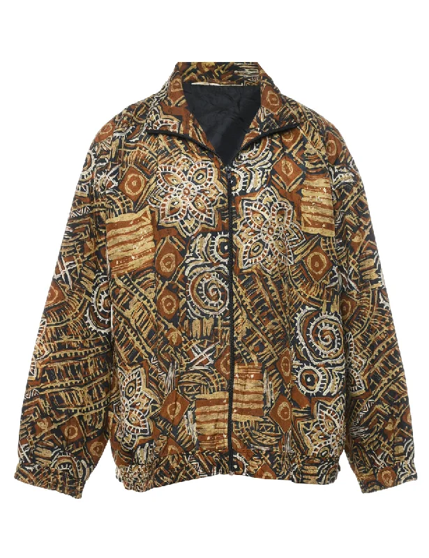 Floral Pattern Brown & Beige Casual Nylon Jacket - XL