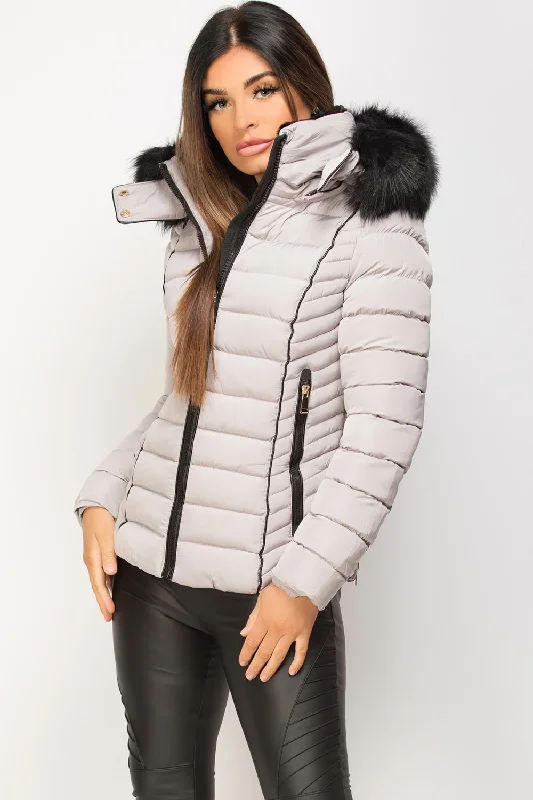 Grey Puffer Jacket With Faux fur Hood And Quilted Detail