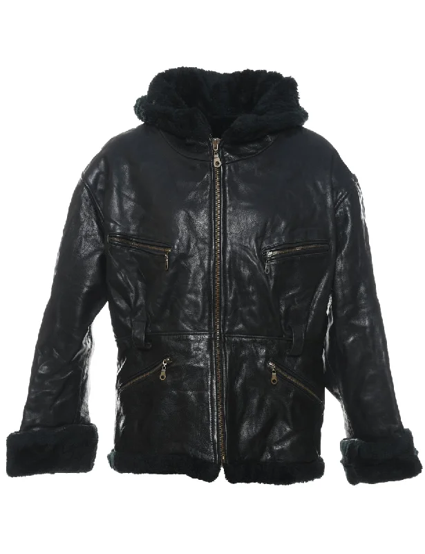 Hooded Black Faux Shearling Lined Classic Leather Jacket - L