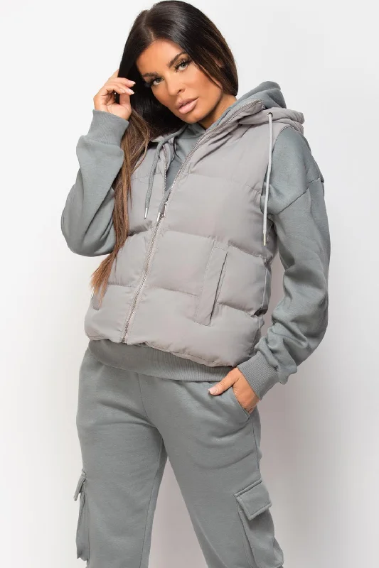 Hooded Padded Gilet Sleeveless Jacket Grey