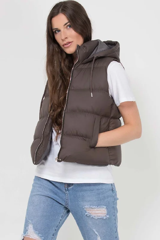 Hooded Puffer Gilet Sleeveless Jacket Chocolate Brown