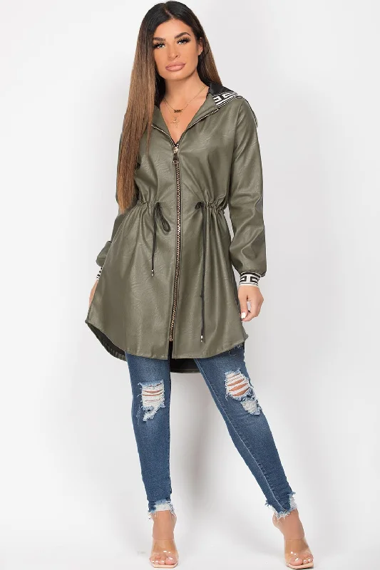 Khaki Faux Leather Drawstring Waist Hooded Jacket