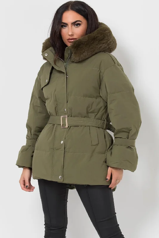 Khaki Puffer Padded Coat With Faux Fur Hood