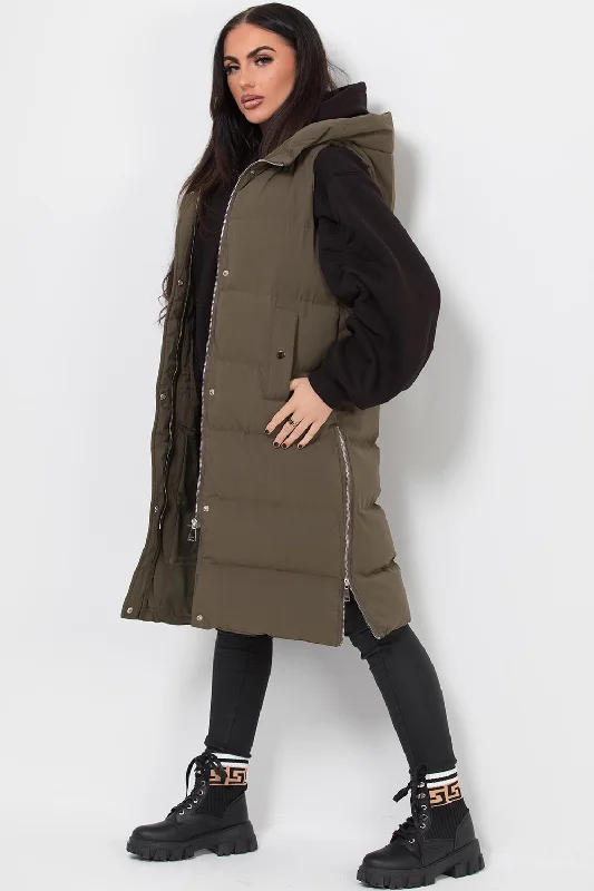 Longline Hooded Gilet Khaki