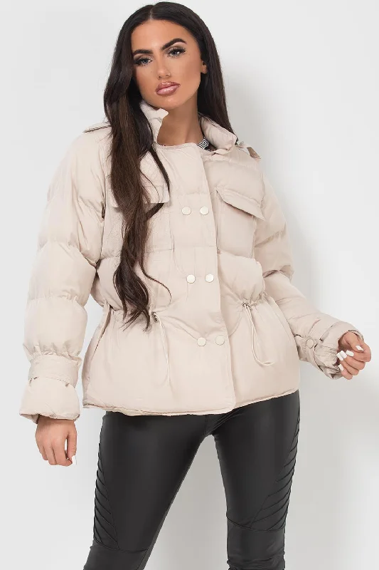 Puffer Jacket With Elasticated Drawstring Beige