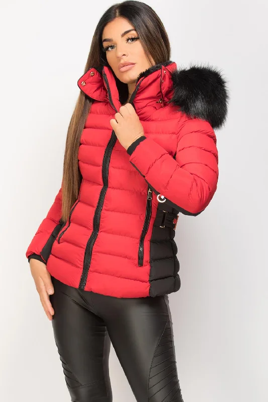 Puffer Jacket With Faux Fur Hood Red