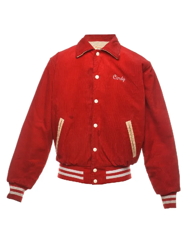 Red & Off-White Embroidered Corduroy Varsity Jacket  - S