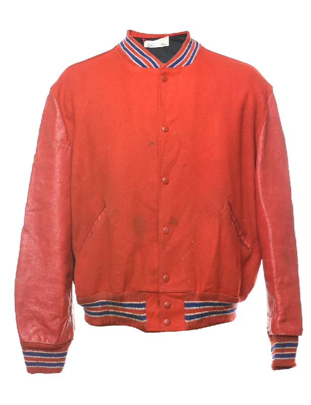 Red Wool & Leather Contrast Varsity Jacket - L