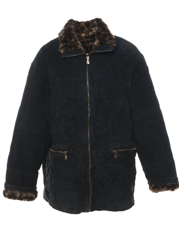 Suede Zip-Front Shearling Lined Black Jacket - L