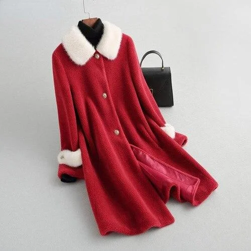 Winter Style Female Real Sheep Shearling Mink Fur Collar Coats & Jackets