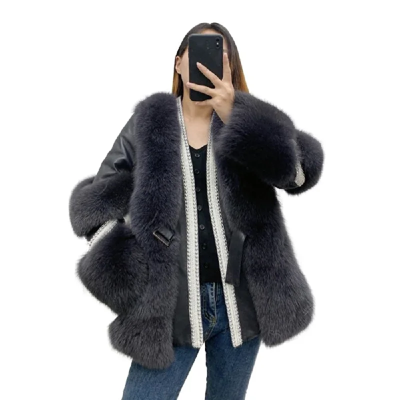 Winter Thick Women's Genuine Sheepskin Leather Real Fox Fur Coats & Jackets