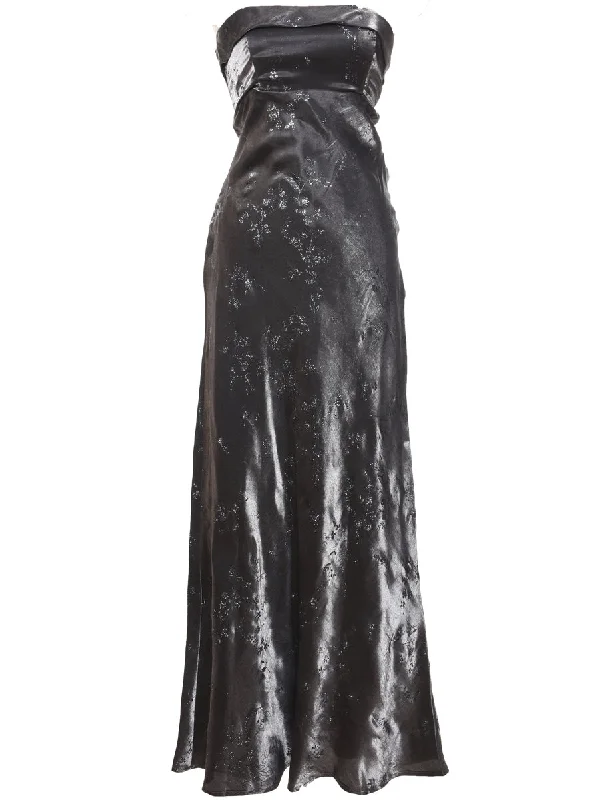 Strapless Floral Silver Metallic 1990s Evening Dress - XS