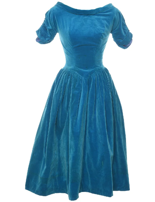 Velour Teal 1980s Evening Dress - XS