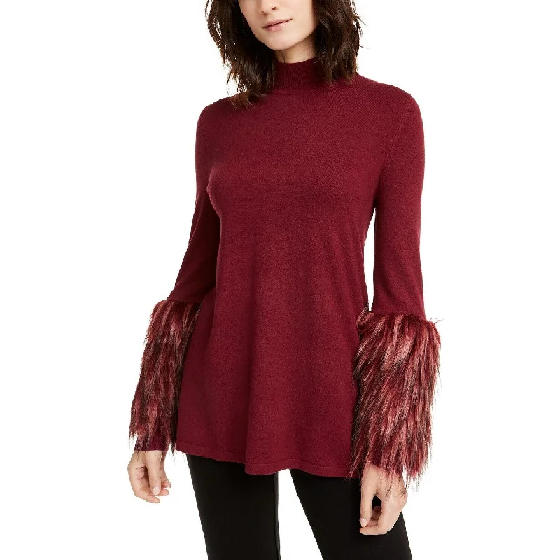 Alfani Women's Faux-Fur-Cuff Mock-Neck Sweater Dark Wine Size Extra Large