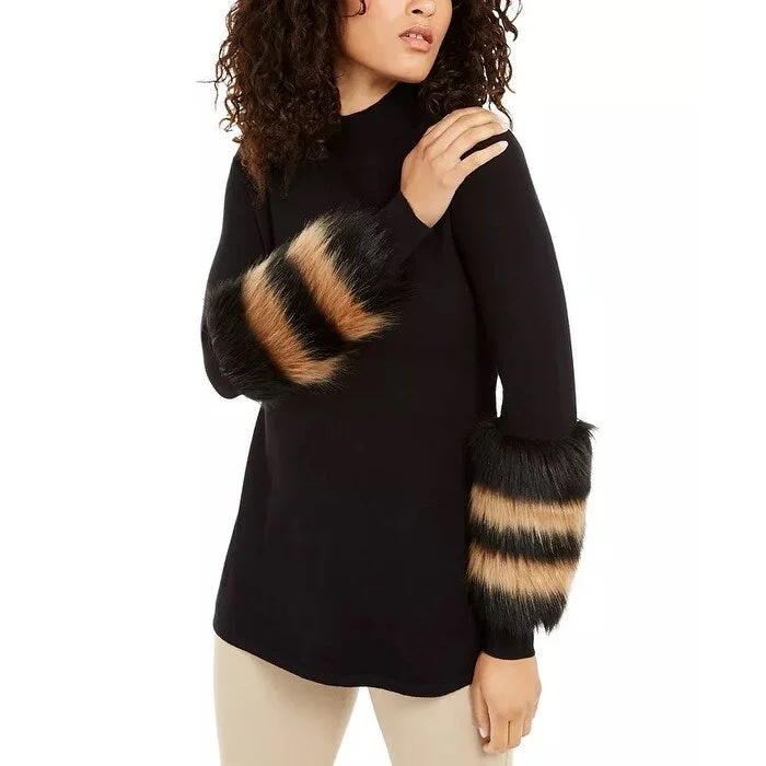 Alfani Women's Striped Faux Fur Cuff Sweater Black Size Medium