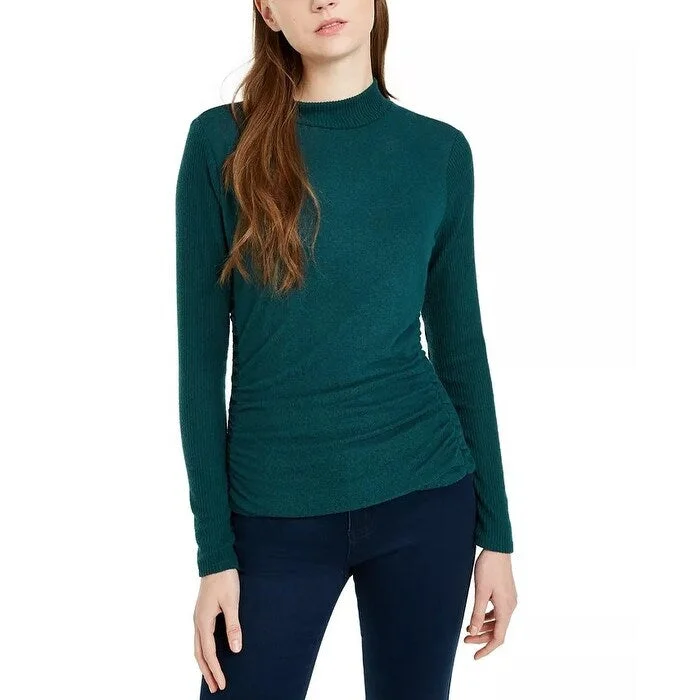 BCX Junior's Textured Side Ruched Mock Neck Sweater Green Size Large