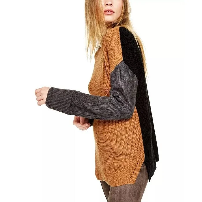 Calvin Klein Women's Mock Neck Colorblocked Sweater Brown Size Large