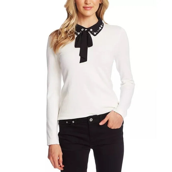 CeCe Women's Embellished Collar Tie Neck Sweater White Natural Size Medium